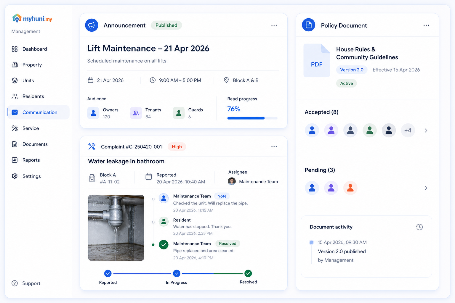 MyHuni announcement tracking, complaint resolution, and policy acceptance workspace