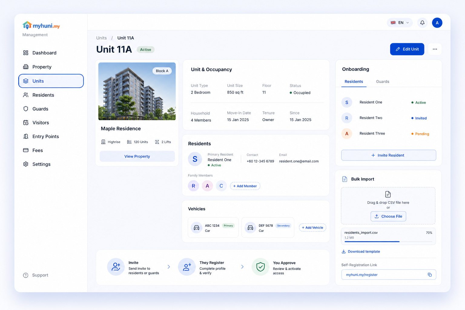 MyHuni management view for unit occupancy, residents, vehicles, onboarding, and bulk import